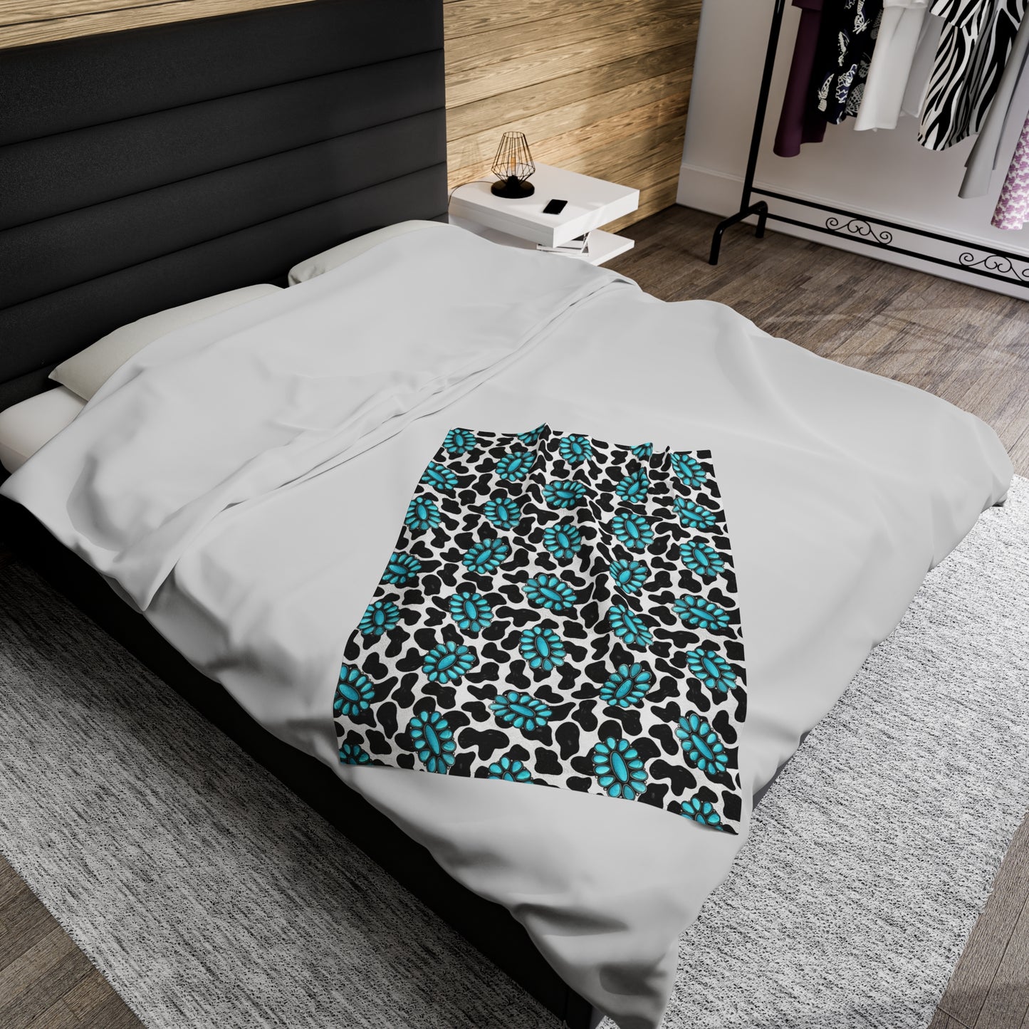 Turquoise Cow Print Velveteen Plush Blanket