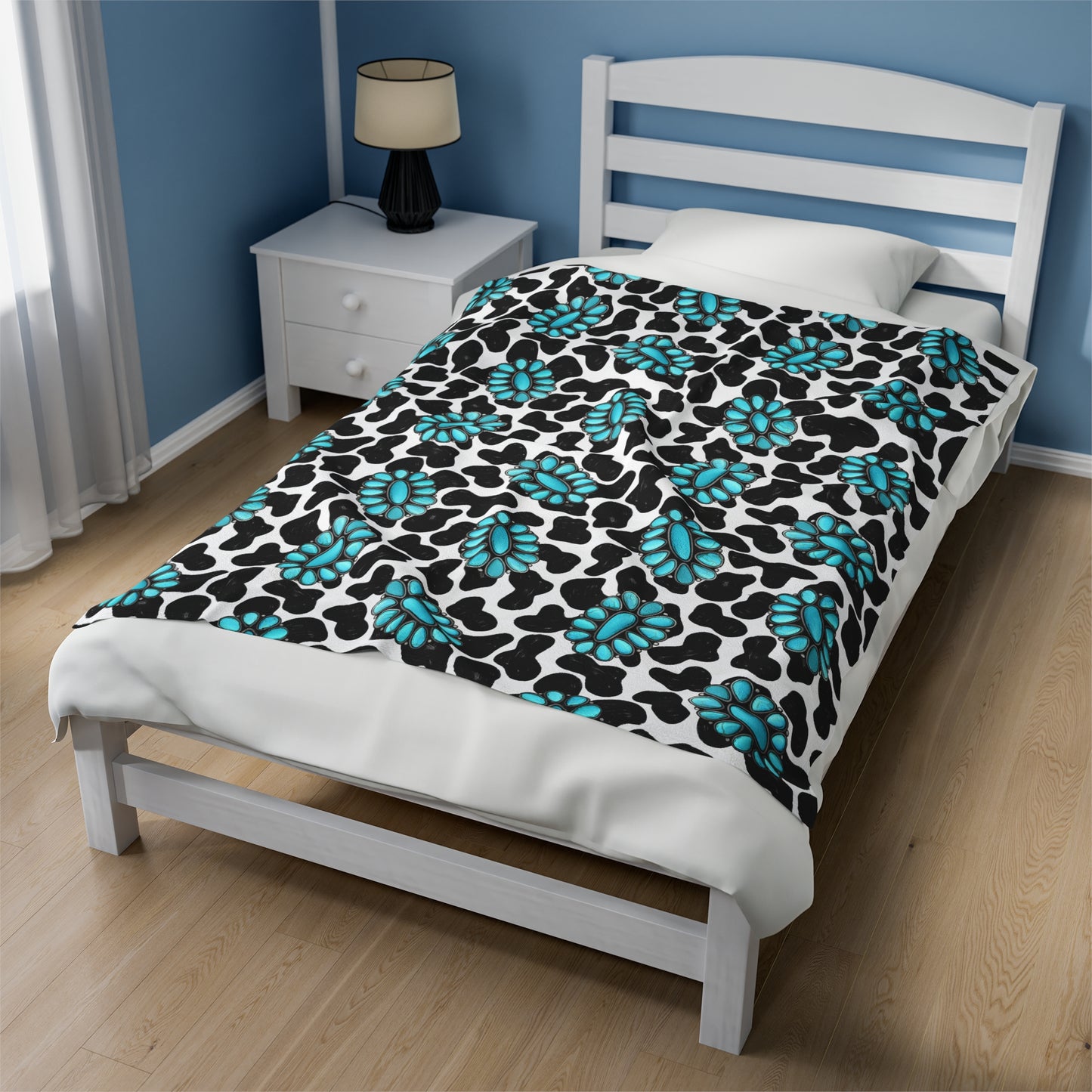 Turquoise Cow Print Velveteen Plush Blanket