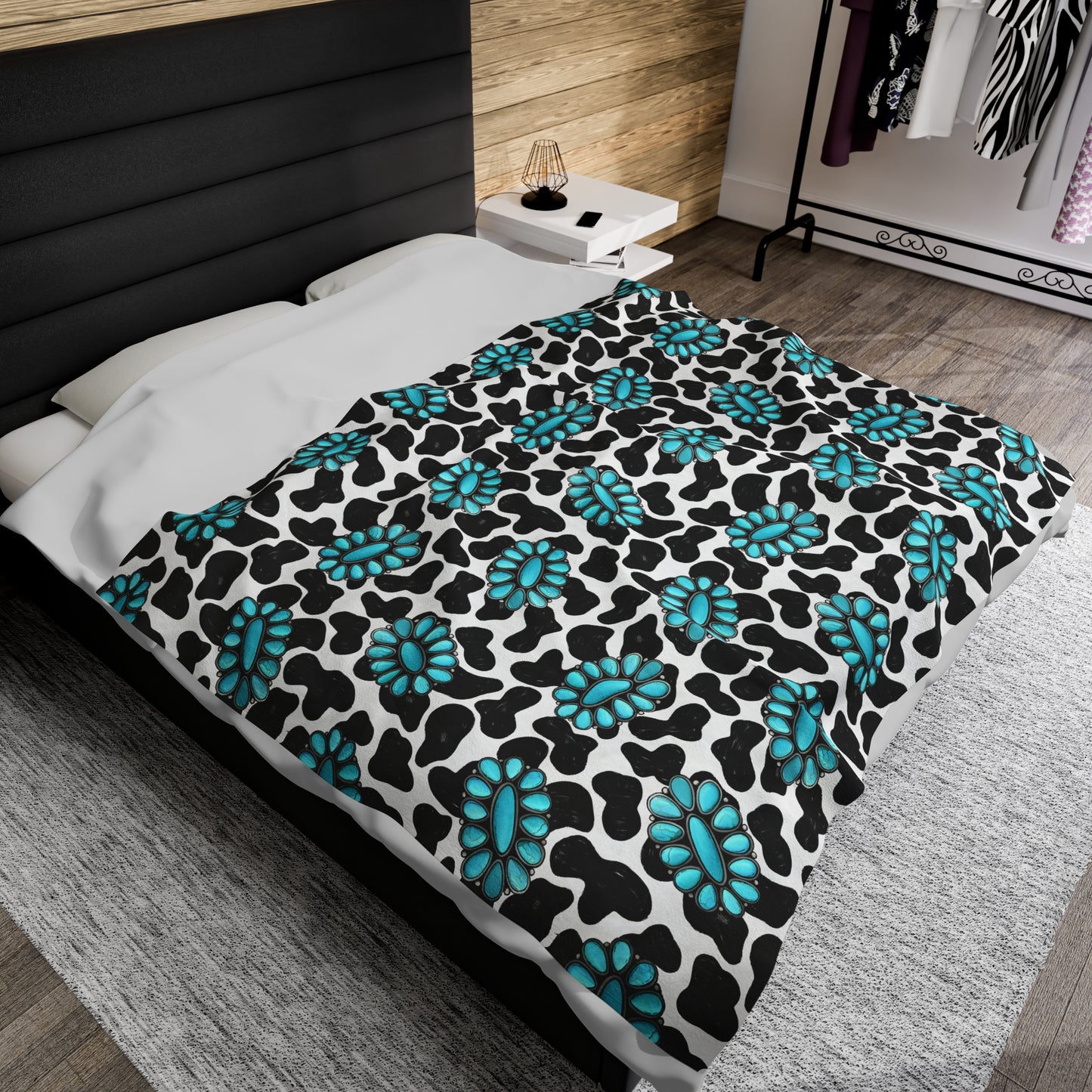 Turquoise Cow Print Velveteen Plush Blanket