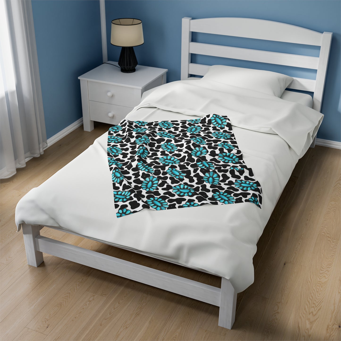 Turquoise Cow Print Velveteen Plush Blanket