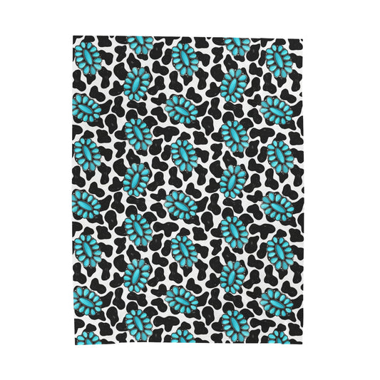 Turquoise Cow Print Velveteen Plush Blanket