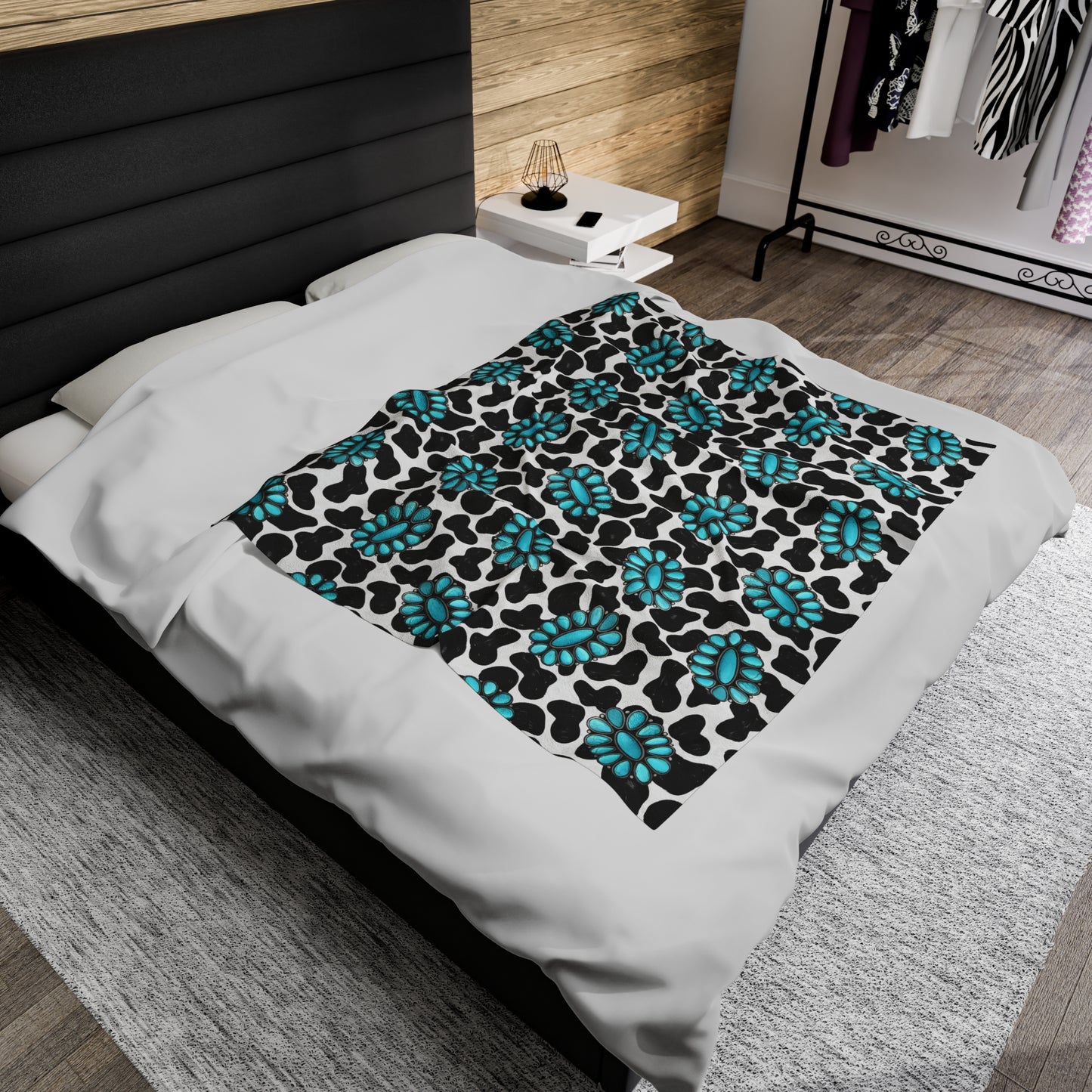 Turquoise Cow Print Velveteen Plush Blanket