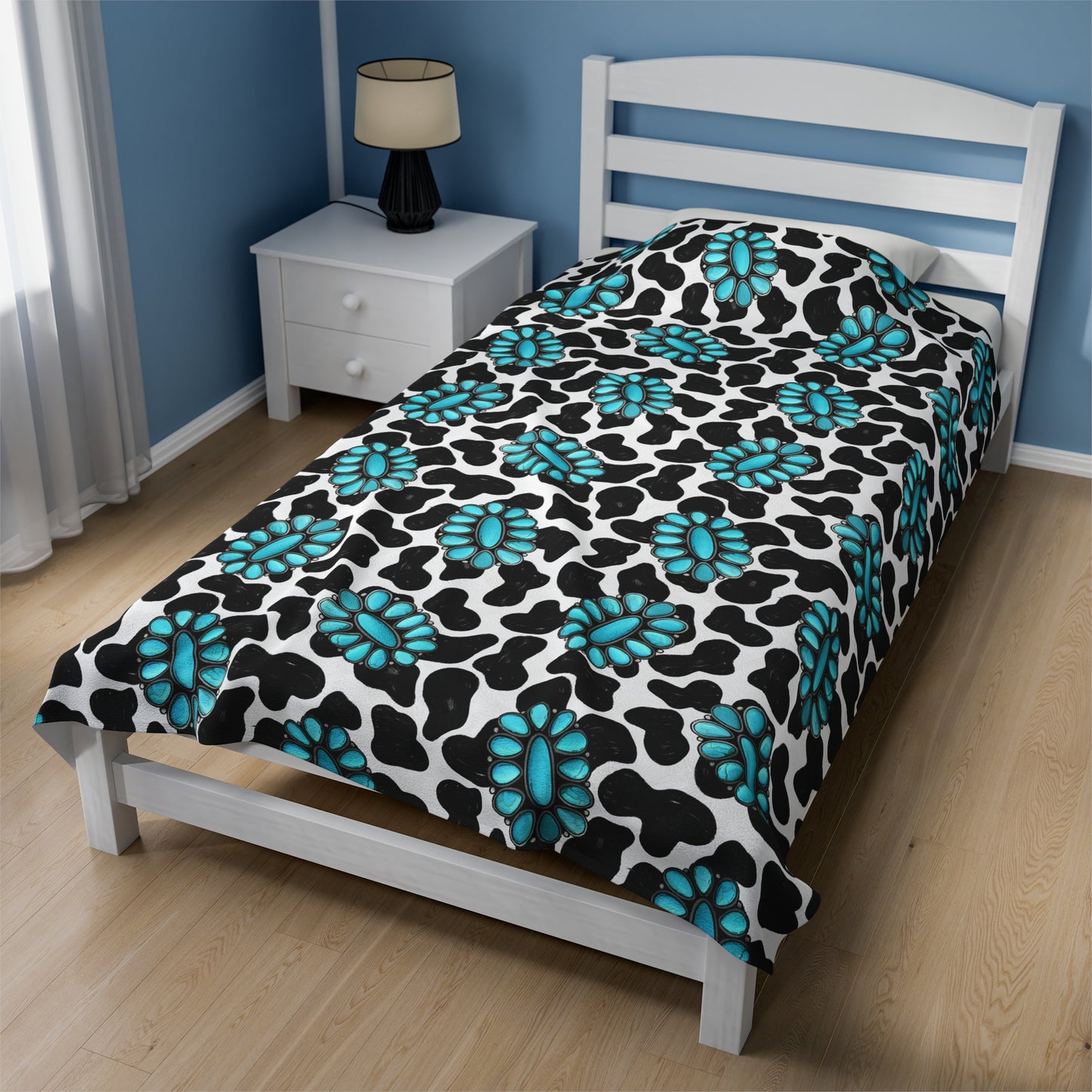 Turquoise Cow Print Velveteen Plush Blanket