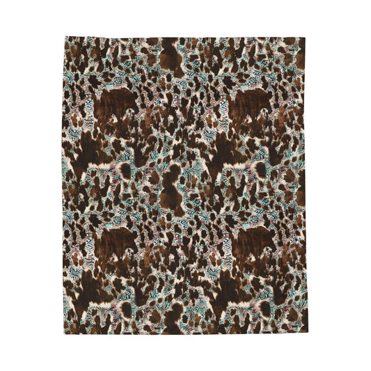 Turquoise and cow print Velveteen Plush Blanket